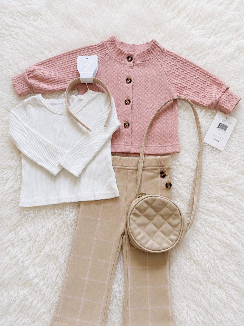 Rachel Zoe Pink Knit Cardigan Set with Beige Accessories